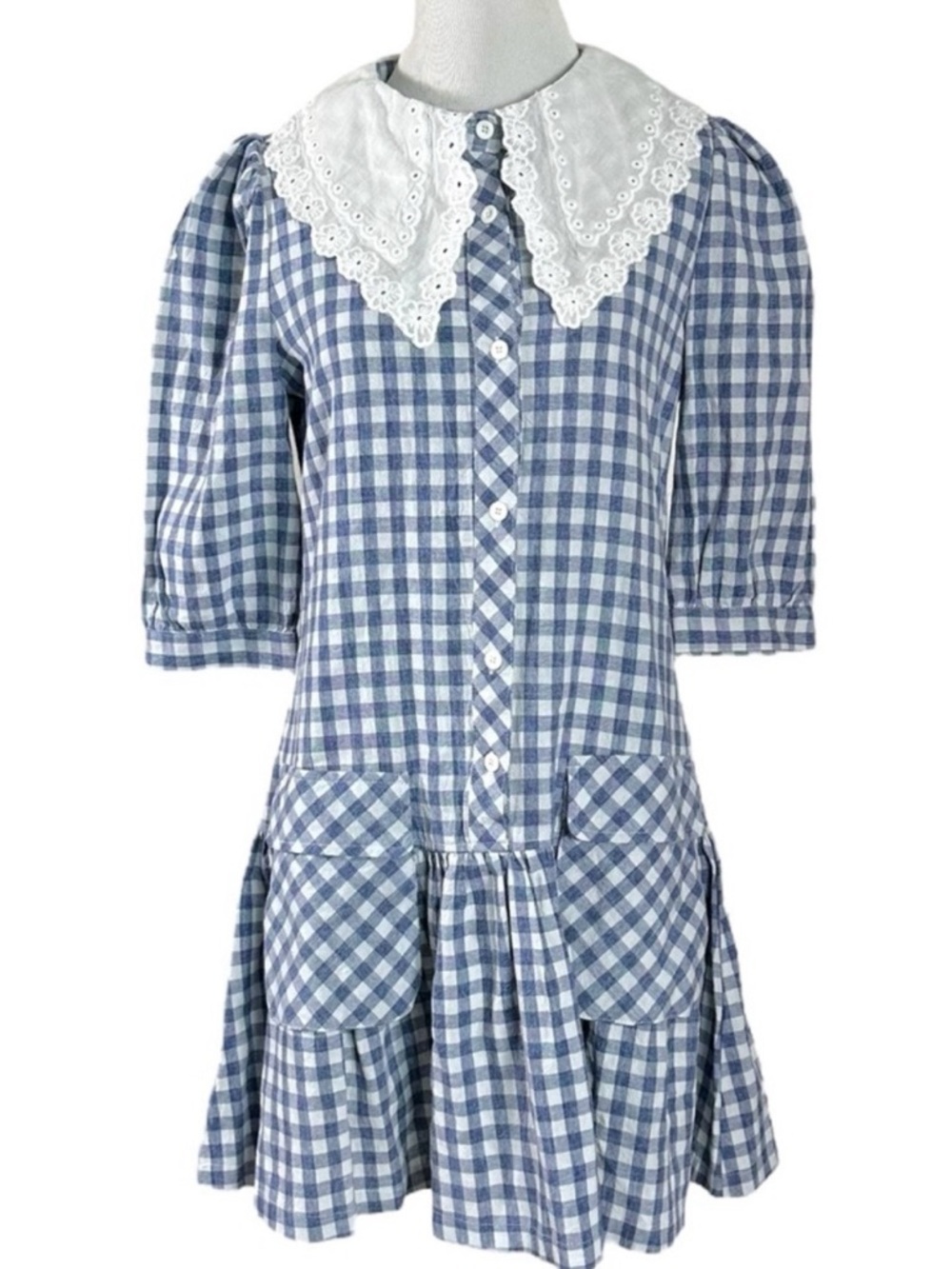Vicky & Lucas Gingham Peter Pan Collar Doll Core Tiered Ruffle Mini Dress Small
